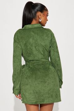 Available In Green And Rust. Suede Mini Dress Collar Long Sleeve Button Front Side Tie Stretch 95% Polyester 5% Spandex Imported | Working Hard Suede Mini Dress in Green size XS by Fashion Nova Suede Mini Dress, Velvet Collar, Dress Collar, Button Up Long Sleeve, Leather Collar, Working Hard, Office Fashion, Collar Dress, Green Fashion