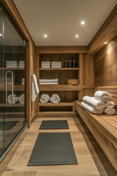 a bathroom with wooden walls and flooring has towels on the shelf next to it