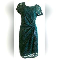 Glitter And Sparkle For Lace Wrap Tie Look Dress ! Cute Cute Cute! Just At The Knee Beautiful Evening Dress With Glitter And Cute Tied Look Side Bow Size L New With Tags! Great Holiday Dress! Green Shimmer Party Dress, Glamorous Green Shimmer Dresses, Fitted Shimmer Dress For Festive Season, Green Short Sleeve Lace Dress For Party, Elegant Green Sequin Cocktail Dress, Festive Glitter Dress, Short Sleeve Glitter Dress For Party Season, Elegant Fitted Glitter Dress, Elegant Festive Dresses With Shimmer