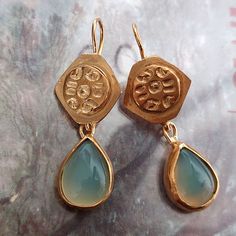 g Aqua Aventurine Gold Earrings, Genuine Stone Dangles, Teardrop Earrings, 18K Gold Vermeil, Antique Inspired, Gold and Gemstones, Gemstone Dangle Gold Chalcedony Dangle Earrings, Handmade Gold Earrings With Chalcedony, Antique Style Jewelry, Unique Handmade Earrings, Earrings Ideas, Earrings Aesthetic, Earrings Handmade Dangle, Earrings Inspiration, Handmade Jewelry Designs