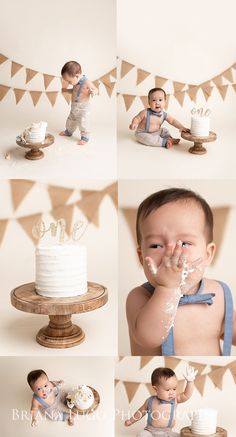 a collage of photos shows a baby eating cake and playing with it's hands