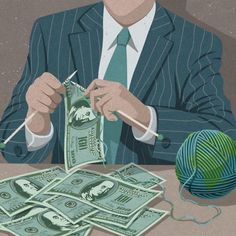 a man in a suit and tie is knitting money with a ball of yarn behind him