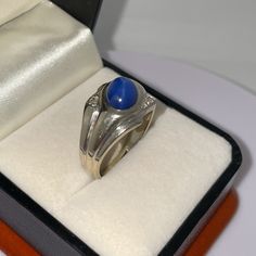 Men’s Solid 14kt White Gold Star Blue Cabochon Sapphire & Natural Diamond Ring Substantial Statement Ring. Approximate Weight: 6.09 Grams Approximate Ring Size: 9.25 (9 1/4) Solid, Stamped 14k White Gold Condition Is Vintage, As Is, Pre-Owned. Use And Wear Commensurate With Age. Sapphire Has Damage. Please View All Pictures For Details. Price Is Firm Please, No Trades. Formal Blue Signet Ring Stamped 14k, Formal Blue Signet Ring, Formal Blue Hallmarked Signet Ring, Elegant Blue Oval Cabochon Signet Ring, Blue 14k Stamped Signet Ring For Formal Occasions, Blue Cabochon Sapphire Ring In 14k Gold, Blue Formal Signet Ring In Fine Jewelry Style, Blue Opal Ring In 14k Gold For Formal Occasions, Blue Signet Ring With Center Stone For Anniversary