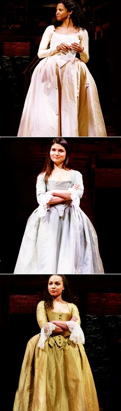 four different images of the same woman dressed in white and yellow dresses, one with her hands on her chest