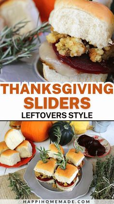 thanksgiving sliders with turkey and cranberry sauce on the side are shown in this collage