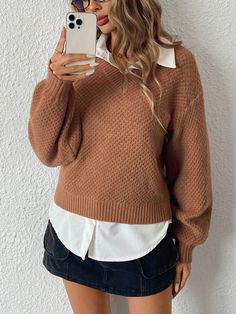 Camel Casual Collar Manga hasta la Muñeca Lana Peinada Liso Pullovers Embellished Elástico Ligero Primavera/Otoño Batwing Sleeve Sweater, Camel Sweaters, Sweater Brown, Women Sweaters, Contrast Collar, Sweater Women, Brown Sweater, Batwing Sleeve, Neck Pattern