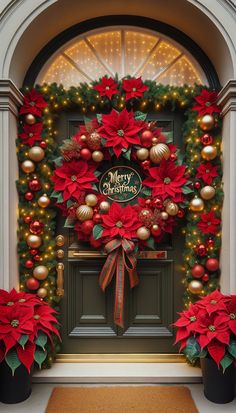 a christmas wreath with poinsettis and ornaments on the front door