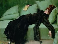 a painting of a woman laying on a green couch with her head in the pillow