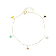 Shine like the star you are! This playful, cheery charm bracelet twinkles with multicolored star charms made to dangle beautifully from a stack of vibrant bracelets. Pair with our Rainbow All-Seeing Evil Eye Bracelet for an on-trend 90s-inspired look.14k Gold Plated Sterling SilverHypoallergenic ... Trendy Star Charm Bracelet, Gold Bracelet With Star Charm, Gold Metal Bracelets With Star Charm, Multicolor Star Charm Bracelet, Rainbow Star-shaped Jewelry With Star Charm, Gold Charm Bracelet, Evil Eye Bracelet, All That Glitters, Star Charms