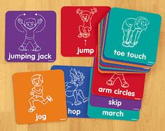 four square coasters with pictures of children's activities on them, including jumping jack and arm circles