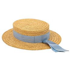 The Ridgemont Make's vintage 1930s boater hat showcases timeless elegance with its natural straw construction. Adorned with a pale blue ribbon and bow, this hat epitomizes classic style. The sturdy yet lightweight straw provides comfort and durability, while the charming ribbon adds a touch of sophistication. This boater hat captures the essence of vintage summer fashion, making it a coveted accessory for collectors and design enthusiasts alike. Seven are available for a display collection. Some Boater Hats For Women, Straw Hat Aesthetic, Blue Ribbon Bow, Vintage Summer Fashion, Vintage Straw Hat, Hat Aesthetic, Boater Hat, Brown Hats, Derby Hats