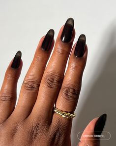 A black sheer polish with a jelly finish. Translucent Black Acrylic Nails, Moody Nails, Fall Nail Art Ideas, Sheer Polish, Villain Era, Sheer Nails, Dark Nail, Celebrity Nails, Jelly Nails