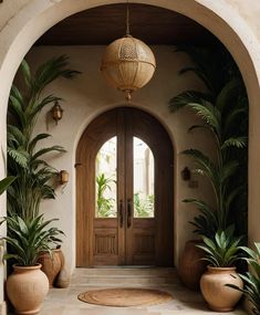 an archway with potted plants on either side and a door to another room in the background