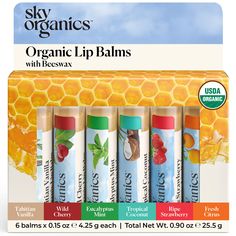 PRICES MAY VARY. Organic Beeswax Lip Balms: Bursting with natural flavors, these organic lip balms are made with nourishing plant oils and beeswax to lock in moisture and keep lips feeling soft and smooth Infused With Natural Flavors: Sky Organics Organic Beeswax Lip Balms keep lips feeling deliciously soft and smelling deliciously sweet. Includes Tahitian vanilla, wild cherry, eucalyptus mint, tropical coconut, ripe strawberry and fresh citrus flavors INGREDIENTS WITH PURPOSE: Organic Botanical