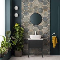 a bathroom with a sink and mirror next to a potted plant in the corner