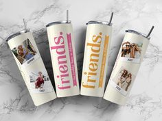 three personalized tumblers with photos on them sitting next to each other, and the words friends written in pink