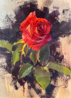 a painting of a red rose with green leaves