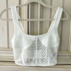 Creamy White Zara Lace Corset Style Cropped Tank Top Sz S Nwt - Nwt - Creamy White Color - Copped Style - Ribbed Knit Sweater Style On The Top Part & Straps; Lace On The Bottom And On The Back With Corset Style Strips - Comes From A Smoke Free Home - Feel Free To Make An Offer - Ships Out Same Or Next Day - Reach Out With Questions Fitted White Crop Top With Lace Trim, White Fitted Lace Crop Top, Sweater Style, Rayon Pants, Jelly Shoes, Lace Corset, Ribbed Knit Sweater, Corset Style, Pajama Shirt