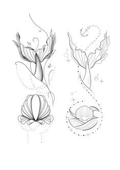 three mermaid tattoos with different designs on them