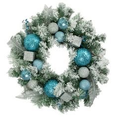 a christmas wreath with blue and silver ornaments