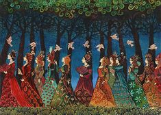 a painting of women in colorful dresses walking through the woods