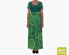 "IF YOU NEED YOUR ITEMS TO ARRIVE BY SPECIFIC DATE PLEASE UPGRADE TO EXPRESS SHIPPING AT THE CART. This gorgeous Polynesian Hawaiian tribal cotton maxi dress is featuring traditional green design on dark green background. This unique and eye catching maxi dress with short sleeves is the perfect dress for daytime or evening wear, loose fit with a great drape. The dress is made out of 90% Cotton and 10% Polyester spandex semi-transparent fabric that makes the fabric soft to touch and really comfor Green Fitted Casual Maxi Dress, Casual Fitted Green Maxi Dress, Green Fitted Maxi Dress For Beach, Fitted Green Chiffon Maxi Dress, Green Fitted Maxi Dress, Green Bohemian Short Sleeve Maxi Dress, Green Short Sleeve Bohemian Maxi Dress, Green Bohemian Maxi Dress With Short Sleeves, Fitted Green Maxi Dress With Short Sleeves