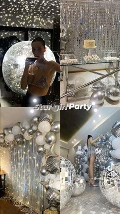 a collage of photos with silver and white balloons in the air, disco balls on the floor, and a woman taking a selfie