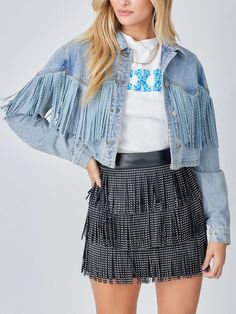 Save with code: “SAVEPIN50” - Dress to impress outfit ideas, from casual and business casual to trendy and occasion-specific styles, including spring, summer, concert, and graduation outfits, along with accessories like shoes and piercings Stylish Lapel Fringed Cropped Denim Coat This Stylish Lapel Fringed Cropped Denim Coat is a must-have for anyone looking to elevate their wardrobe with a touch of trendiness. Crafted from lightweight denim fabric, this coat boasts a unique fringed design and a classic lapel collar, blending sophistication with a hint of boho chic. Key Features: Material: Denim Fabric Features: Stylish, Lapel, Fringed Fit: Cropped for a modern look Gender: Women Style: Casual/Fashion Available in fashionable white and classic blue colors, this coat comes in sizes S, M, L, Summer Suit Women, Fringe Jeans, Stylish Wardrobe, Fringe Top, Denim Skirt Women, Denim Patterns, Fringe Jacket, Heat Styling Products, Jumpsuit Fashion