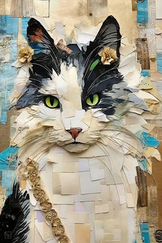 a close up of a cat made out of paper