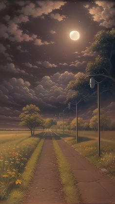 a painting of a pathway leading to a full moon in the night sky with trees and flowers