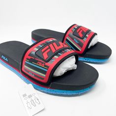 Fila Lunar Sandals Mens Black & Prince Blue Molded Logo Sliders Summer, Size 11 New With Tag And In Box. Synthetic Molded Logos On Strap, Midsole, And Outsole Speckled Bnlgsf 26-B Red Sporty Sandals For Streetwear, Sporty Red Sandals For Streetwear, Red Synthetic Sandals For Streetwear, Casual Multicolor Sport Sandals With Removable Insole, Red Casual Sandals For Streetwear, Casual Black Sandals With Red Sole, Red Slides For Sports In Summer, Red Slides For Sports And Summer, Casual Red Sandals With Textured Footbed