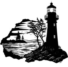 a black and white drawing of a lighthouse near the ocean with trees on it's shore