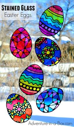 stained glass easter eggs hanging from a window with the words stained glass easter eggs above them