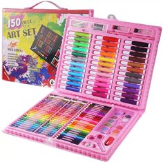 a pink box filled with lots of different colored crayons