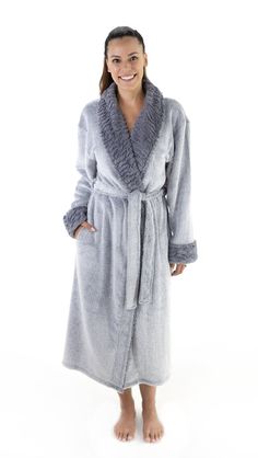 "Love This Robe! We Are The Factory We Make Them, Ship Them, You Save Buy Direct & Save This Elegant Style Plush Robe has Faux Fur Look Puffed Collar & Cuffs for that Soft Elegant Designer Look & Comfort. Fashioned from our Super Mink collection for comfort and machine washable for easy care. There is nothing like the comfort and style of Love This Robe! Women's Silky Soft SuperMink Collar Bathrobe. It is made from the finest quality materials to ensure extra comfort, durability, and Plush Robes For Women, Cozy Winter Robe Super Soft, Fuzzy Robes For Women, Fitted V-neck Robe For Sleep, Fuzzy Robe, Cozy Long-sleeve Super Soft Robe, Womens Bathrobes, Silky Robe, Soft Robes