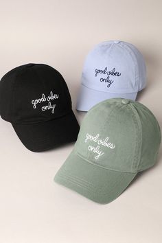 Get ready to spread good vibes everywhere you go with our Good Vibes Only Baseball Cap! This 100% cotton cap features embroidered letters that spell out "Good Vibes Only" and an adjustable closure for the perfect fit. Trust us, this cap will be your new go-to for spreading positivity and looking cool. One size fits most. Trendy Letter Print Baseball Cap For Everyday, Trendy Baseball Cap With Letter Print For Everyday, Trendy Everyday Dad Hat With Letter Print, Trendy Letter Print Baseball Cap, Cotton Visor Baseball Cap With Letter Embroidery, Cotton Baseball Cap With Letter Embroidery, Blue Casual Baseball Cap With Letter Patch, Casual Blue Baseball Cap With Letter Patch, Cotton Snapback Trucker Hat With Letter Embroidery