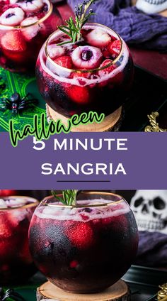 halloween 5 minute sangria recipe with fresh fruit and sprigs in the middle