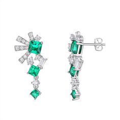 Add sparkle to your style with these Art Deco-inspired cubic zirconia and green glass earrings. Add sparkle to your style with these Art Deco-inspired cubic zirconia and green glass earrings.  Dimensions: 26 mm x 13 mm Backings: post Nickel free Metal: brass Plating: platinum, fine silver Platinum flash plate Finish: polished Glass accents Packaging: boxedSTONE DETAILS Stone type: cubic zirconia Center stone size: 5 mm x 5 mm Shape: baguette cut, cushion cut, round Setting: prong Gemstones may h Green Cubic Zirconia Crystal Earrings For Party, Green Cubic Zirconia Party Earrings, Green Diamond Drop Earrings, Modern Green Cubic Zirconia Jewelry, Green Diamond Earrings For Parties, Green Cubic Zirconia Gemstone Earrings, Green Diamond Pierced Earrings, Green Diamond Drop Earrings For Party, Green Diamond Party Earrings