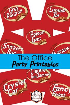 the office party printables are in red and blue with white lettering on them