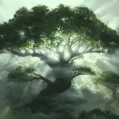 an artistic painting of a tree in the middle of foggy sky with sunbeams