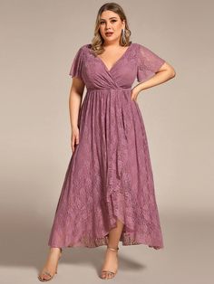 Plus Size Short Sleeve Ruffled V-Neck A-Line Lace Evening Dress #color_Purple Orchid Skimpy Dresses, Mother Movie, Wlw Wedding, African Print Styles, Simple Evening Dress, Dress Mother Of The Bride, Mob Dress, Lace Evening Dress, Mother Of The Bride Gown