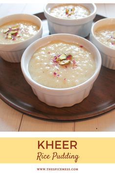 three bowls of soup on a plate with the words khee rice pudding written below