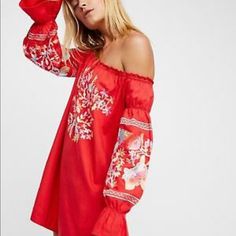 Free People Embroidered Dress Color Red Size L With Puff Sleeve, All Embroidered Look Amazing! Dress It Up Or Down With Heel , Flats , Sandals And Necklace. Off-shoulder Embroidered Spring Dress, Red Fitted Embroidered Casual Dress, Red Embroidered Fitted Casual Dress, Red Embroidered Long Sleeve Dress, Red Folk Style Embroidered Dress, Red Embroidered Casual Fitted Dress, Casual Red Fitted Embroidered Dress, Red Long Sleeve Embroidered Fitted Dress, Floral Embroidered Off-shoulder Dress