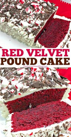 red velvet pound cake with white frosting and chocolate sprinkles on top