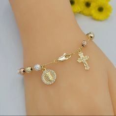 Tri Tone Gold Plated Virgen Guadalupe Jesus Crucifix Rosary Bracelet Rosario Pandora Travel Charms, Fossil Bracelet, Kate Spade Bangle, Blue Topaz Bracelet, Gold Link Bracelet, Mexican Jewelry, Enamel Bangle, Rosary Bracelet, Gold Bead Bracelets