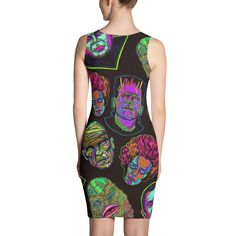 Make a statement and look fabulous in this all-over printed Classic Monsters fitted dress.  * 82% polyester, 18% spandex * Fabric weight: 6.78 oz/yd² (230 g/m weight may vary by 5% * Made with smooth, comfortable microfiber yarn * Material has a four-way stretch * Blank product components sourced from China Fitted Graphic Print Dresses For Night Out, Black Summer Dress With Digital Print, Fitted Dresses With All Over Print For Party, Summer Black Dress With Digital Print, Fitted Party Dress With All Over Print, Black Dress With Digital Print For Summer, Fitted Multicolor Digital Print Dress, Fitted Sleeveless Dress With All Over Print, Fitted Sleeveless Mini Dress In Multicolor Print