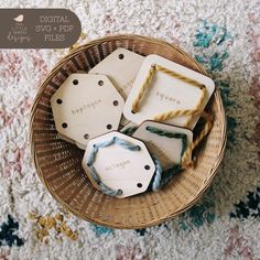 small wooden tags in a basket on the floor