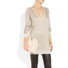 Knitwear Has A Glamorous Appeal This Season, And None More So Than Stella Mccartney's Gold-Beaded Sweater. Woven From A Luxurious Blend Of Wool, Silk And Cashmere It's Sure To Become A Wardrobe Favorite. We Think This Loose-Fit Piece Works Best With Sleek Skinny Pants - Just Add Neutral Accessories To Complement The Cream Hue. Cream Fine-Knit Wool, Silk And Cashmere-Blend - Gold Beaded Front, Ribbed Trims - Slips On - 70% Fleece Wool, 20% Silk, 10% Cashmere - Dry Clean Has Some Beads Missing. Chic V-neck Party Sweater, Glamorous Sweater For Night Out, Neutral Accessories, Beaded Sweater, Cashmere Blend Sweater, Silk Wool, The Cream, Fine Knit, Gold Beads