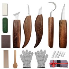 several different types of kitchen knives and gloves