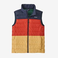 Our Kids' Down Sweater™ Vest has an updated fit that works for just about everyone. It has a NetPlus® 100% postconsumer recycled nylon ripstop shell made from recycled fishing nets to help reduce ocean plastic pollution; is insulated with warm, compressible 600-fill-power 100% Recycled Down (duck and goose down reclaimed from down products); and layers easily for warmth in colder conditions. | Patagonia Kids' Down Sweater™ Vest in New Navy w/Madder Red, Small - Kids' Winter Vests - Recycled Nylo Casual Packable Outerwear For Hiking, Insulated Nylon Outerwear For Sports, Patagonia Recycled Polyester Outerwear For Outdoor Activities, Lightweight Nylon Sports Outerwear, Lightweight Functional Recycled Polyester Outerwear, Patagonia Nylon Outerwear For Outdoor Activities, Nylon Color Block Outerwear For Outdoor Activities, Color Block Nylon Outerwear For Outdoor Activities, Packable Nylon Outerwear For Outdoor Activities